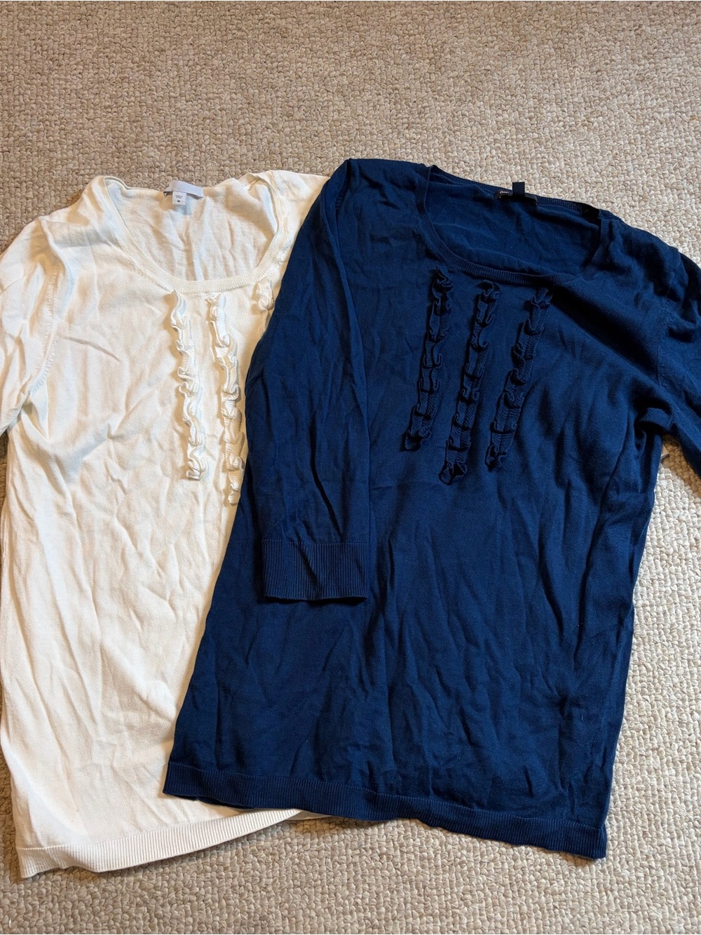 Gap Women’s Ruffle-Front Knit Tops- White and Navy